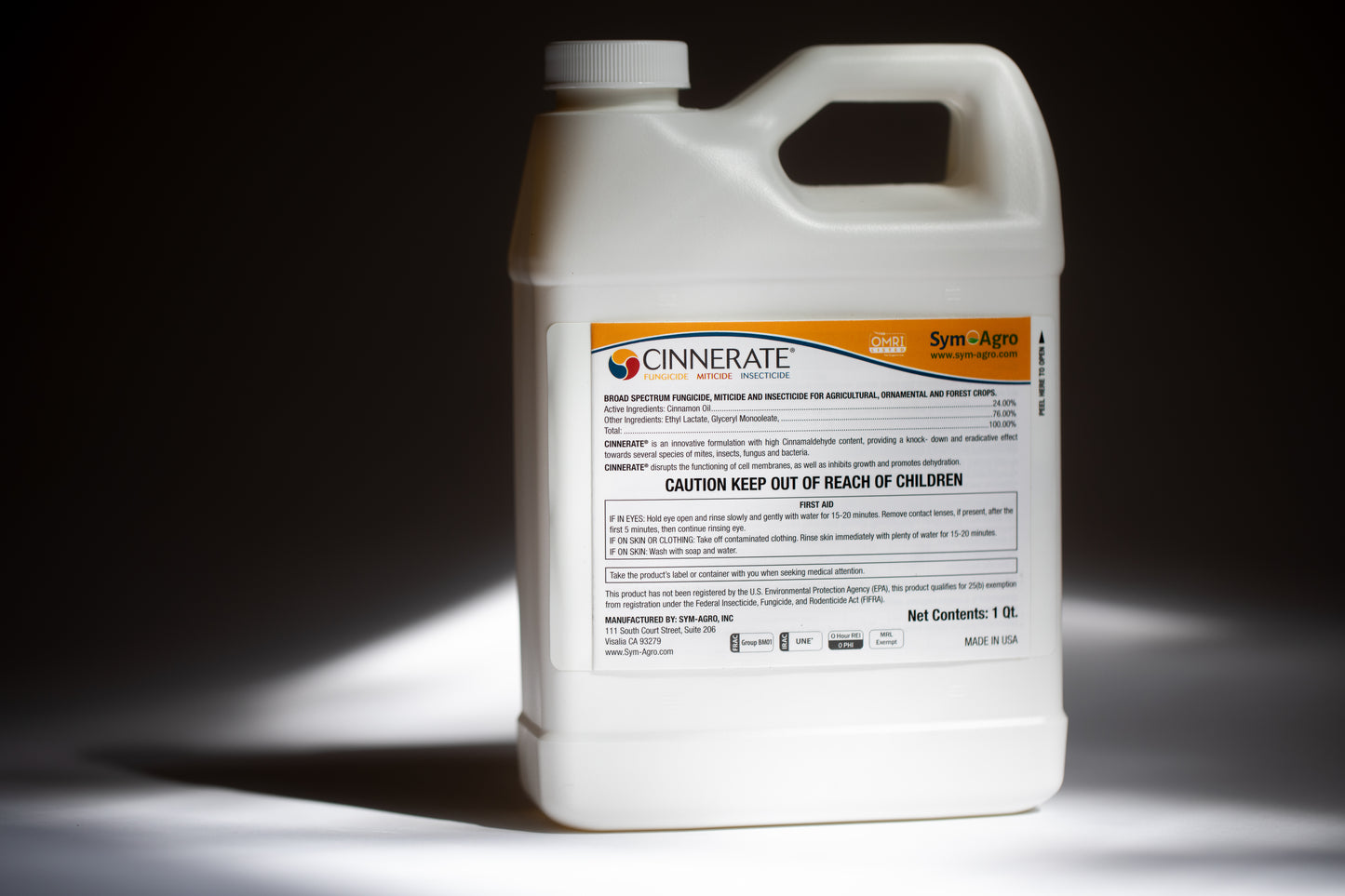 Cinnerate ® organic insecticide fungicide bactericide pesticide Quart bottle side view with ingredient details