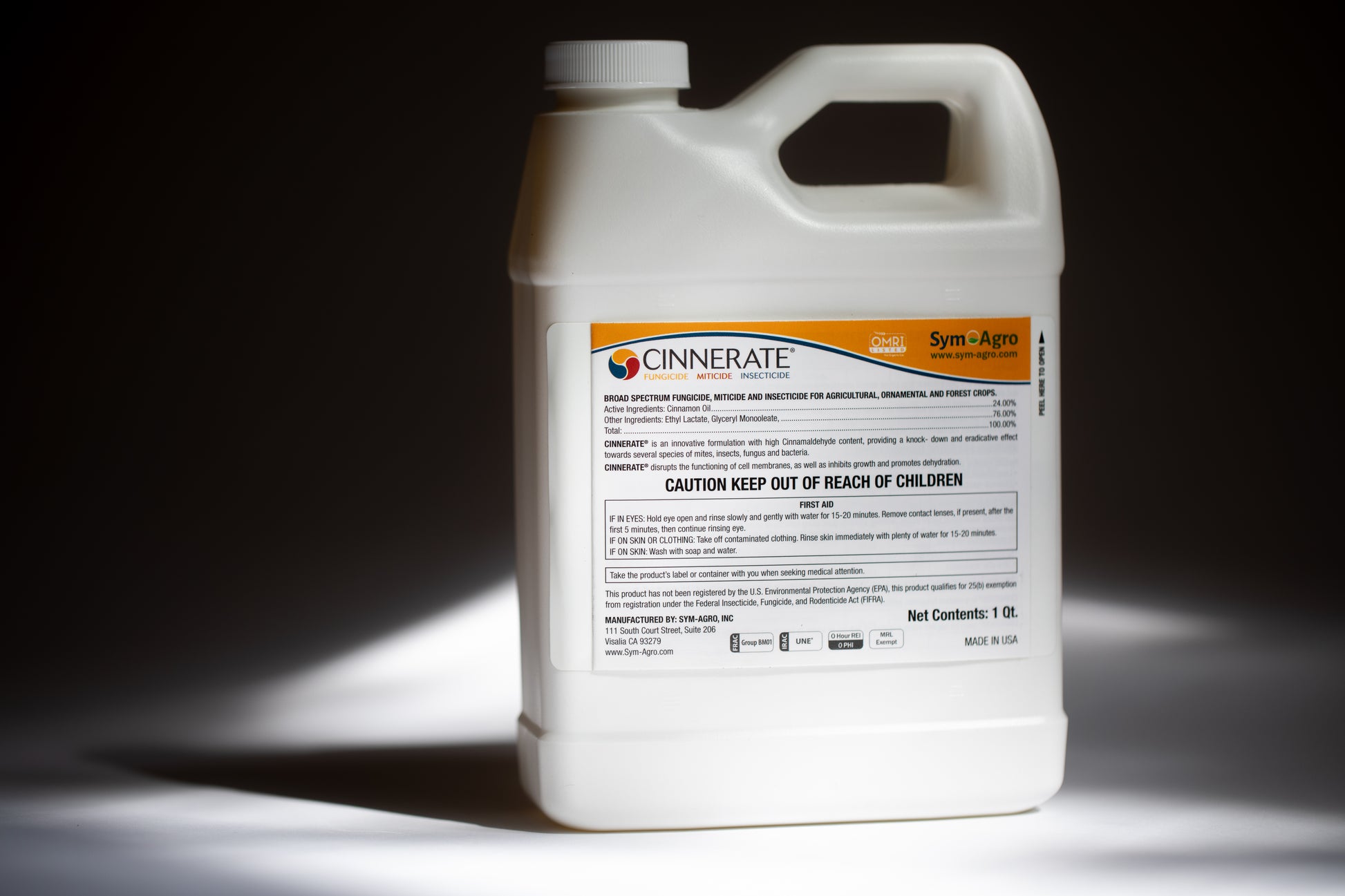 Cinnerate ® organic insecticide fungicide bactericide pesticide Quart bottle side view with ingredient details